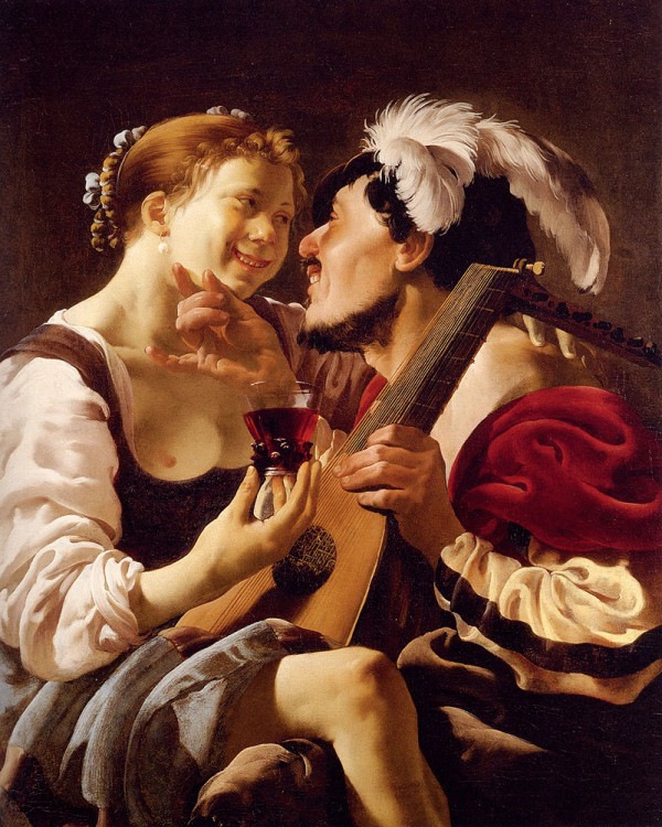 A Luteplayer Carousing With A Young Woman Holding A Roemer by Hendrick Terbrugghen
